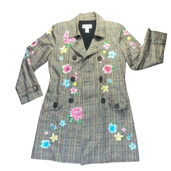 Bloomingdale's Gray Trench Coat with Floral Embroidery Size 6 - Picture 1 of 9